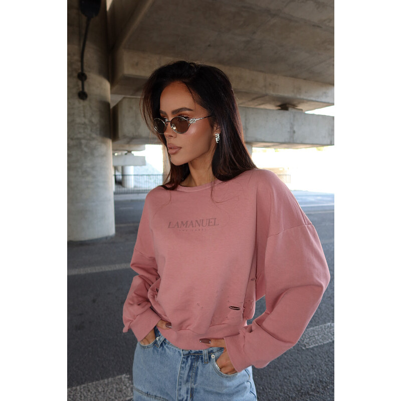 LaManuel Dámska tepláková mikina s dierami dirty pink 65459944