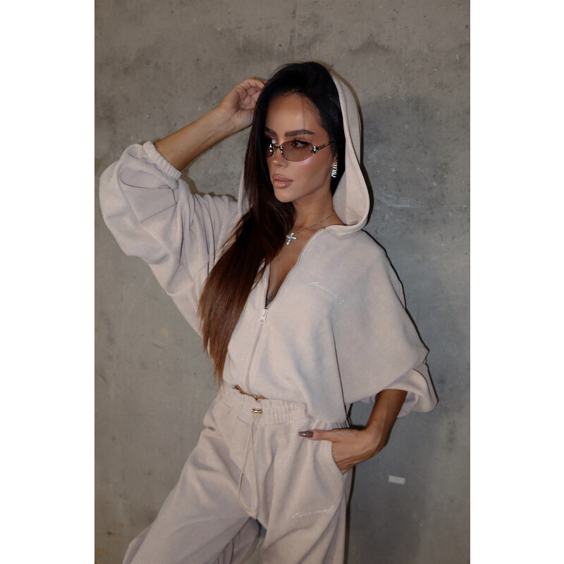 LaManuel Dámska rebrovaná mikina na zips s kapucňou THEME béžová 65459955