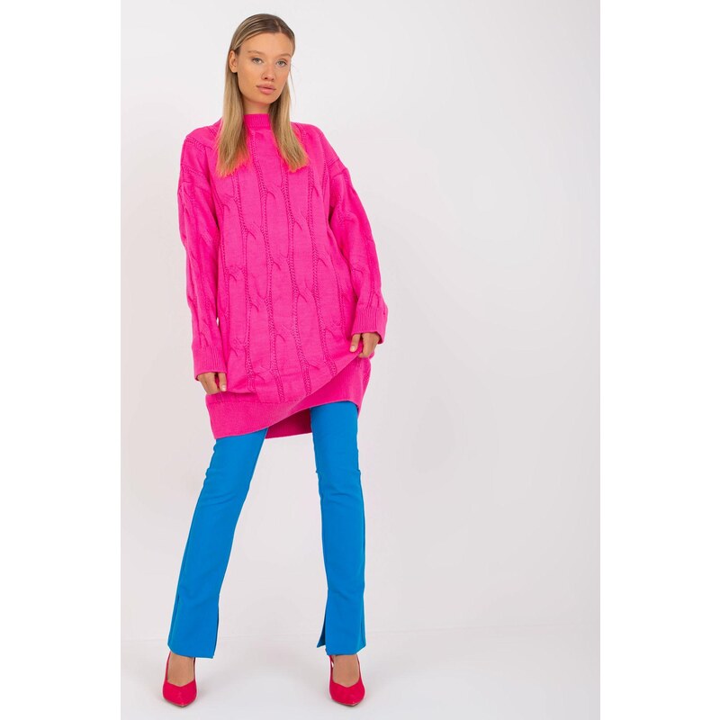 MladaModa Dlhý sveter s vrkočovým vzorom model 29735 neónovo ružový 65463009