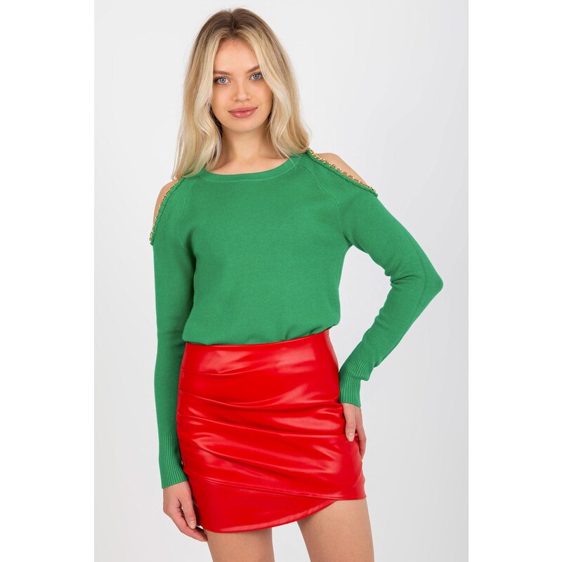 MladaModa Sveter s odhalenými ramenami a retiazkami model 83560 zelený 65463036