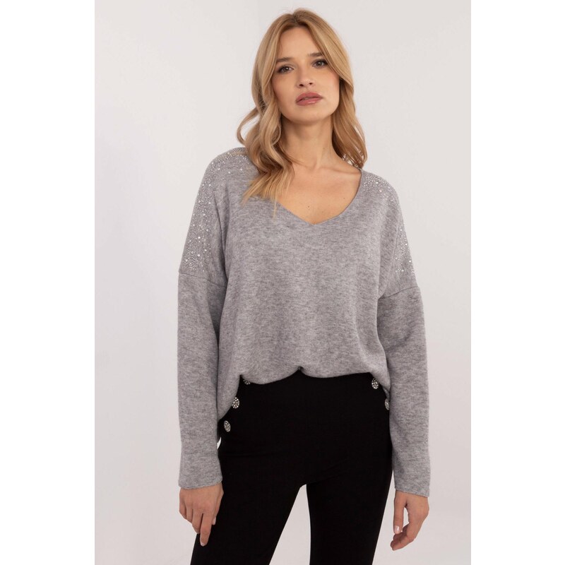 MladaModa Oversize sveter s aplikáciou z kamienkov model 69021 šedý 65463058