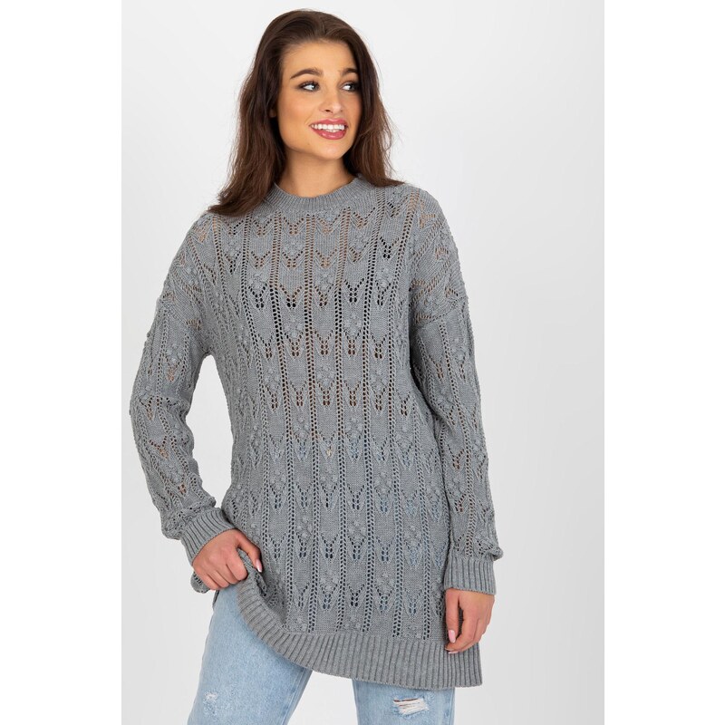 MladaModa Dlhý ažúrový sveter model 900031 šedý 65463083