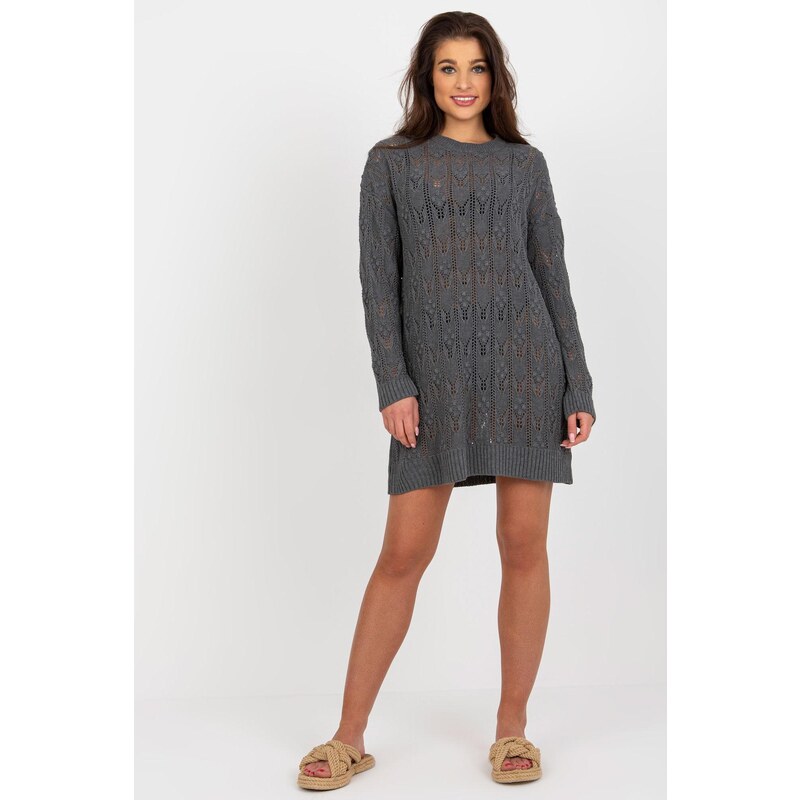 MladaModa Dlhý ažúrový sveter model 900031 grafitový 65463084