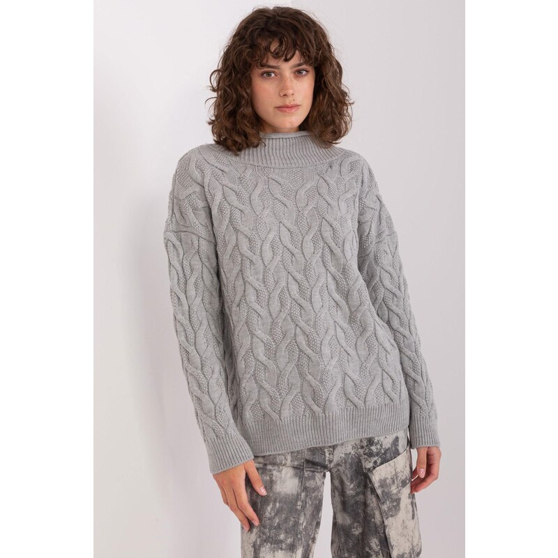 MladaModa Sveter s vrkočovým vzorom a stojačikom model 03828 šedý 65463099