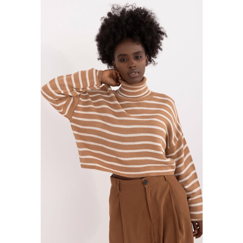 MladaModa Krátky pruhovaný rolákový sveter model 52922 farba camel 65626459