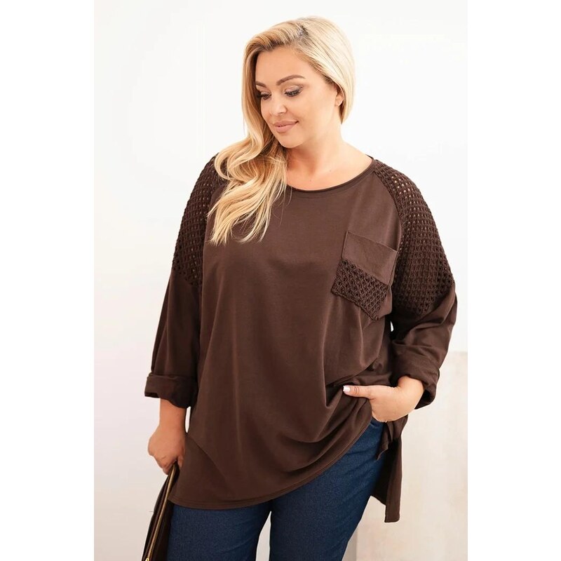 MladaModa Oversize mikina s perforovanou aplikáciou model 3790 hnedá 65897064