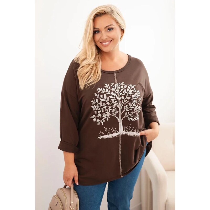 MladaModa Bavlnená oversize mikina s potlačou stromu model 9662 hnedá 65626480