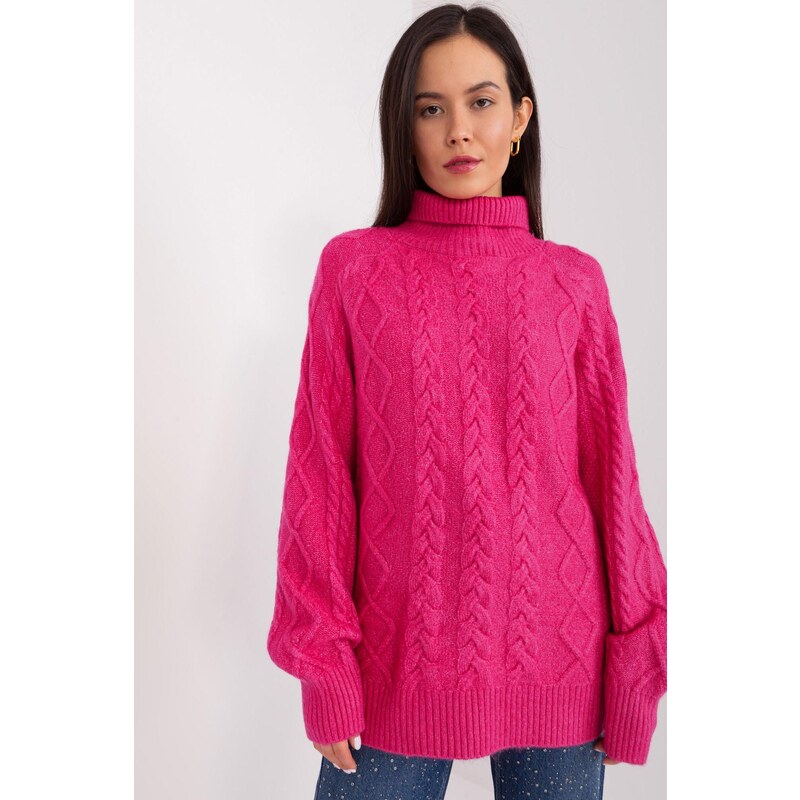 MladaModa Rolákový sveter s vrkočovým vzorom model 55212 fuksiový 65626537