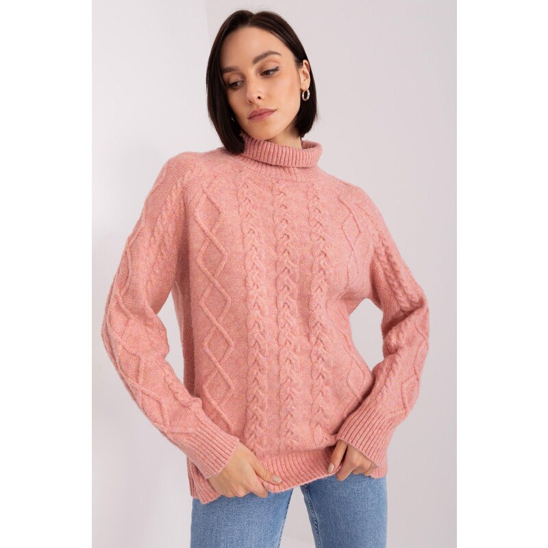 MladaModa Rolákový sveter s vrkočovým vzorom model 55212 staroružový 65626542