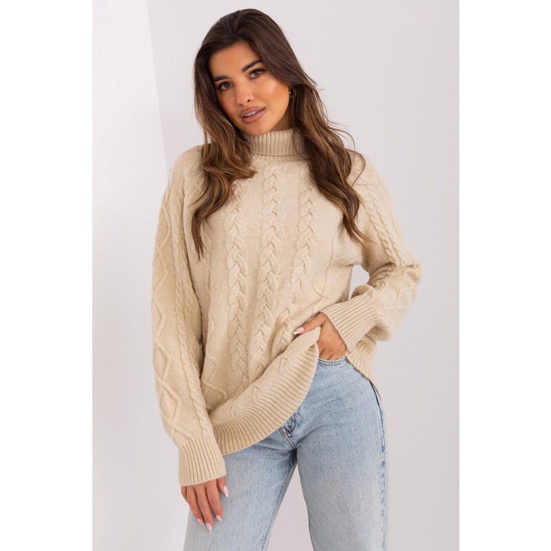 MladaModa Rolákový sveter s vrkočovým vzorom model 55212 béžový 65626550