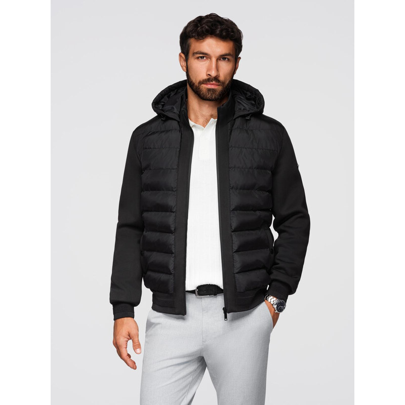 Ombre Quilted bomber jacket with hood and knitted sleeves - black 65501858