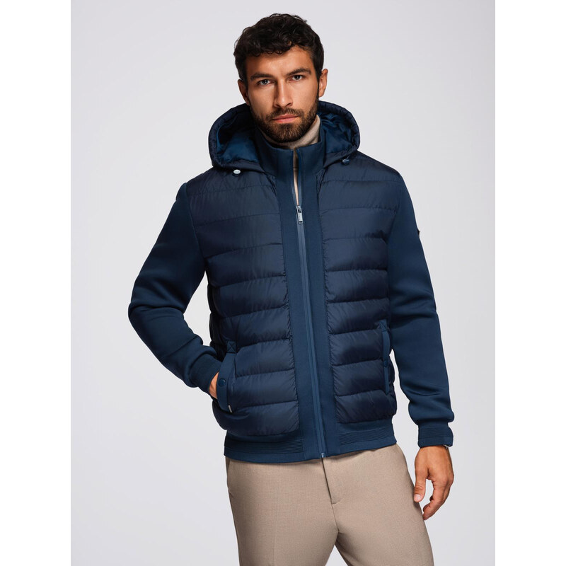 Ombre Quilted bomber jacket with hood and knitted sleeves - navy blue 65534247