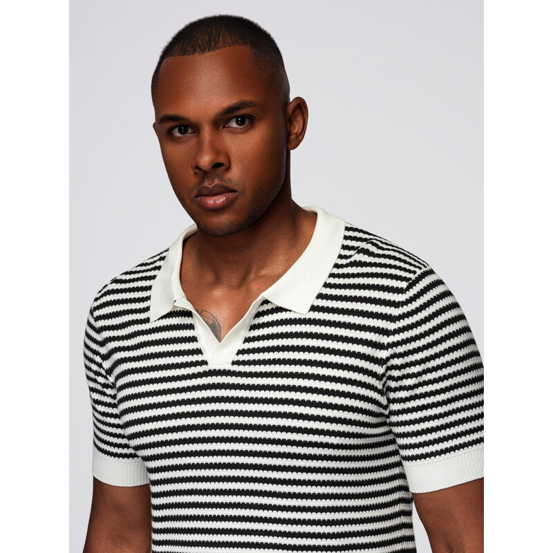 Ombre Mens knitted buttonless polo shirt with navy stripes - black and 64794239