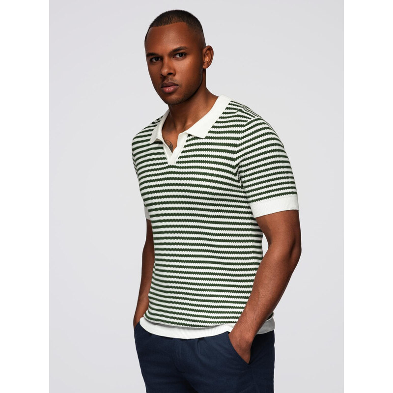Ombre Mens knitted buttonless polo shirt with navy stripes - white and 64794240