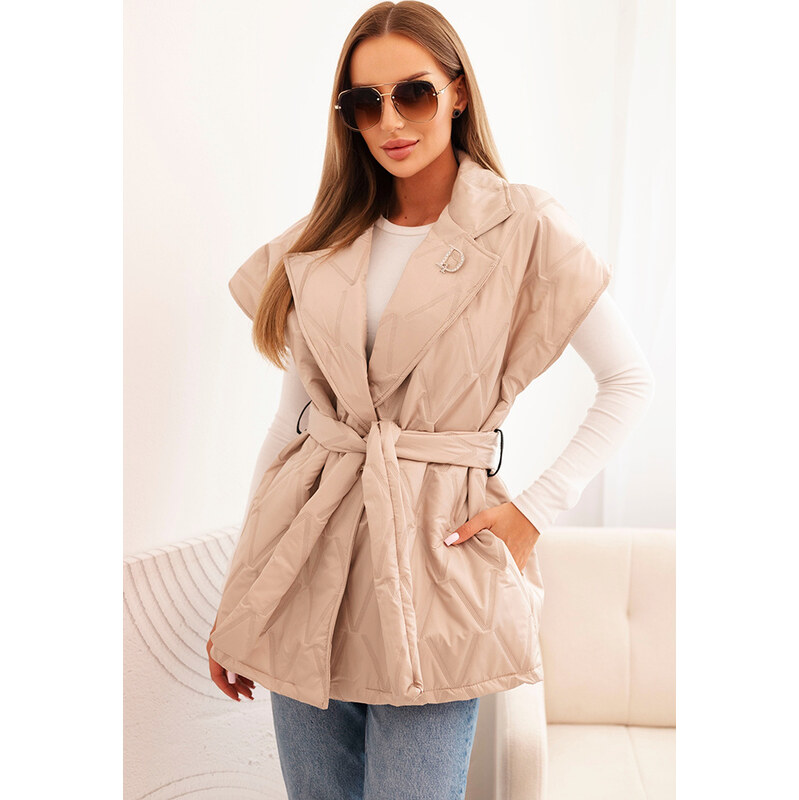 Kesi Béžová dámska krátka prešívaná vesta so zaväzovaním v páse 65493024