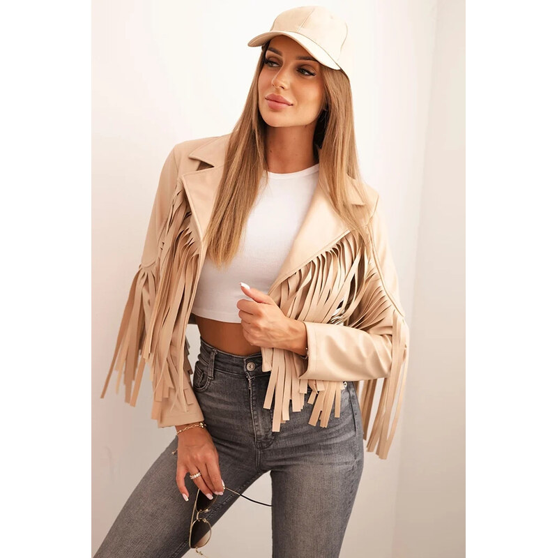 Kesi Svetlá camel dámska bunda z eko kože so strapcami 65534750