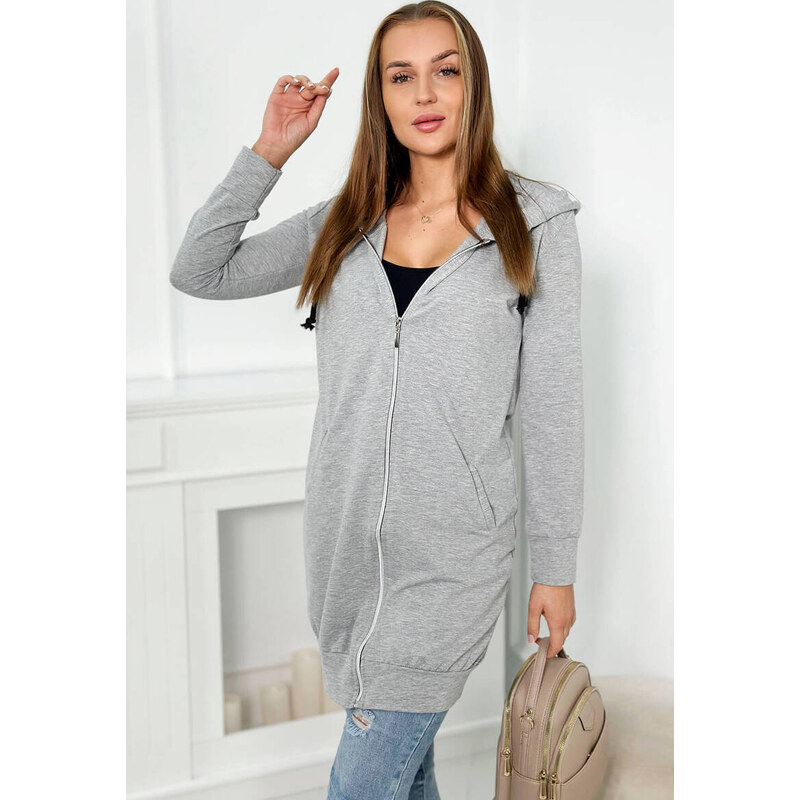 Kesi Sivá melanž dámska pohodlná dlhá mikina na zips s kapucňou 65534800
