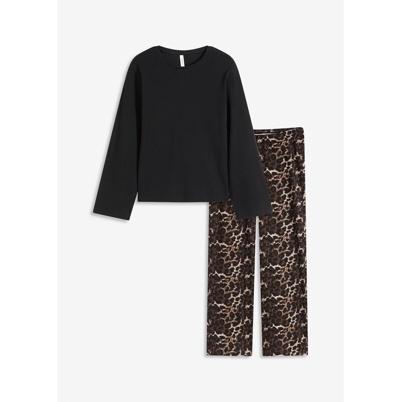 bonprix Pyžamo, vrúbkované tričko a široké nohavice, farba čierna 65531243