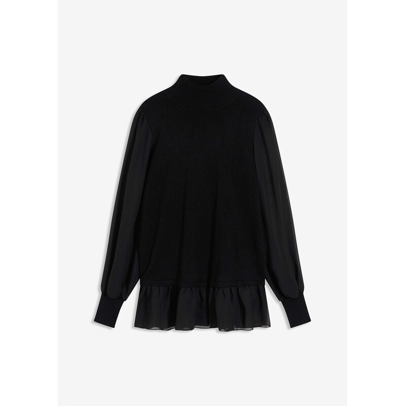 bonprix Jemne pletený pulóver s blúzkovou časťou, farba čierna 65531301