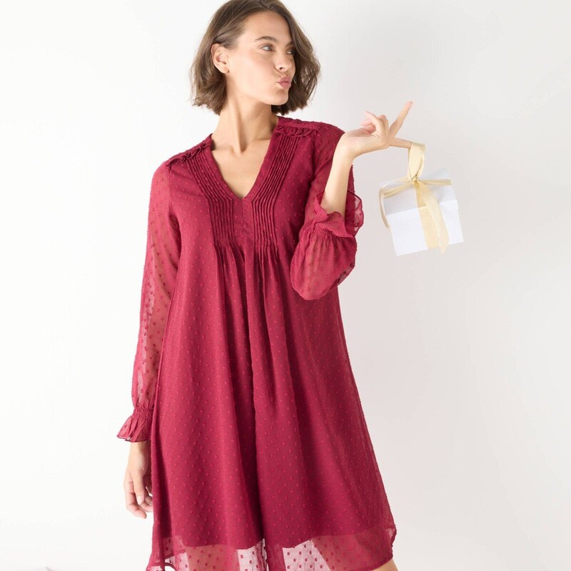 Jednofarebné rozšírené krátke šaty so zámikmi a nopkami bordó 058 65543184