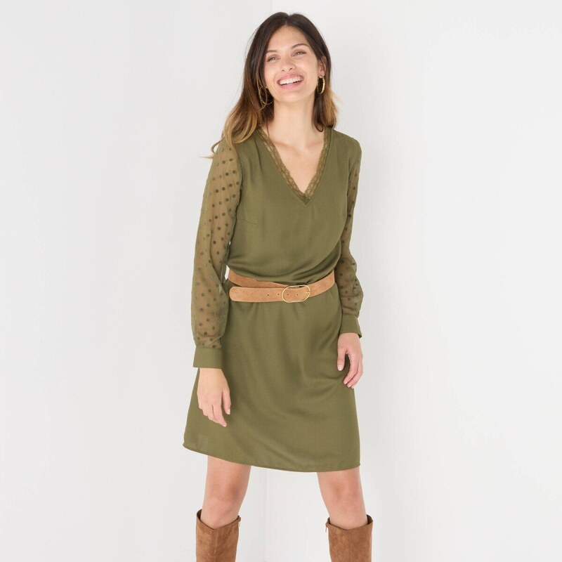 Krátke šaty s dlhými bodkovanými rukávmi bronzová 052 Blancheporte 65543187