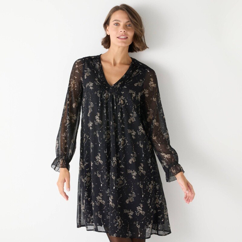 Rozšírené krátke šaty so zámikmi, s jednofarebnou potlačou lístkov 65543185