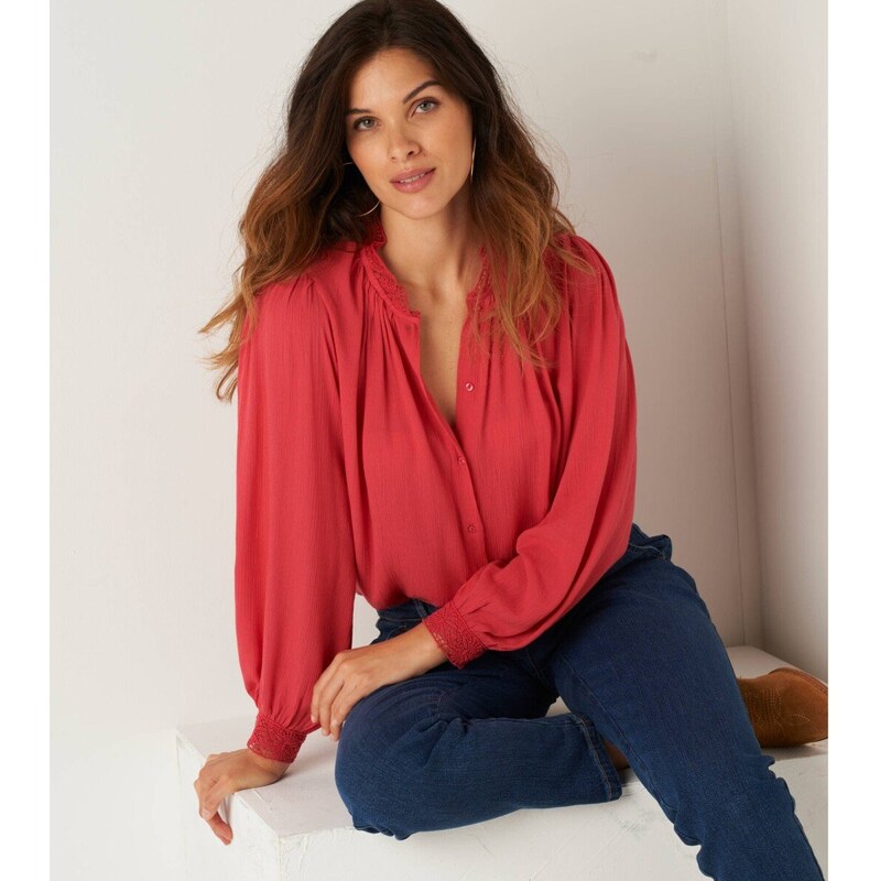 Jednofarebná košeľová blúzka s macramé čerešňová 052 Blancheporte 65543191