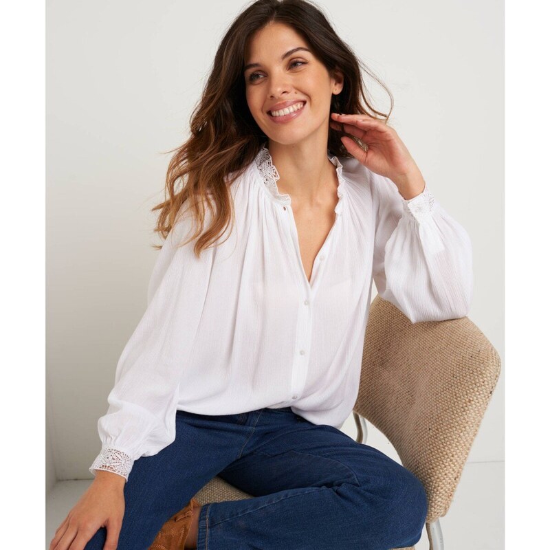 Jednofarebná košeľová blúzka s macramé biela 054 Blancheporte 65543192