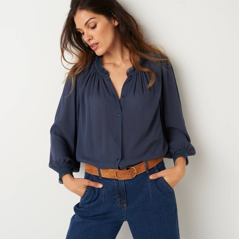 Jednofarebná košeľová blúzka s macramé nám. modrá 054 Blancheporte 65543194