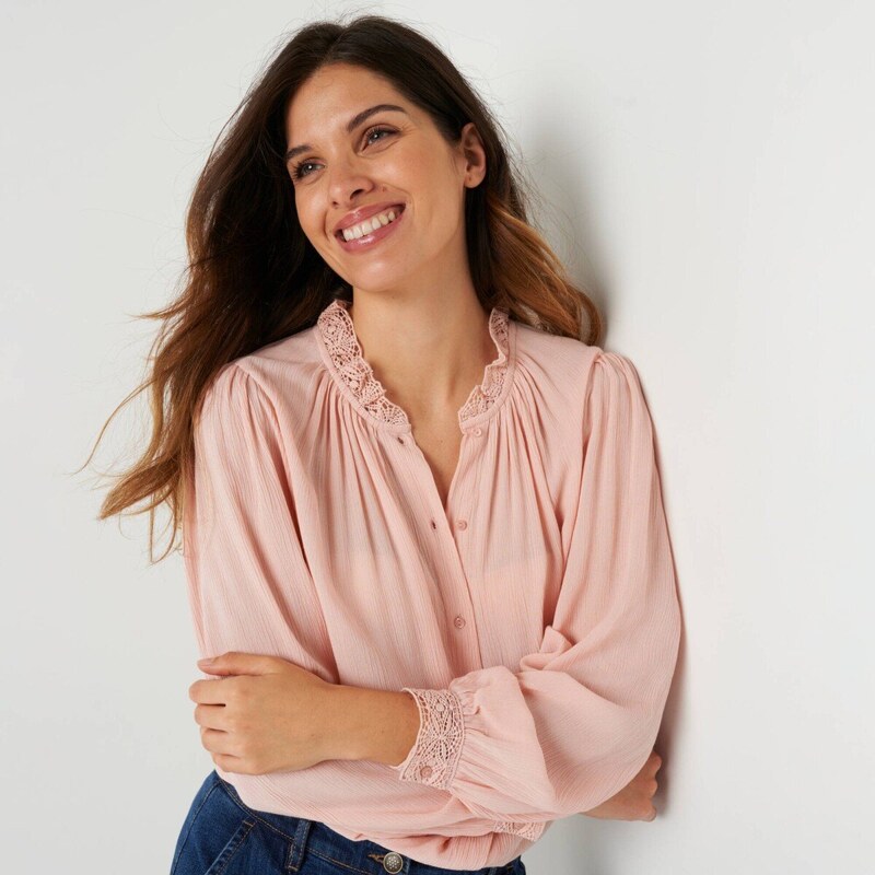 Jednofarebná košeľová blúzka s macramé ružová pudrová 054 Blancheporte 65543193