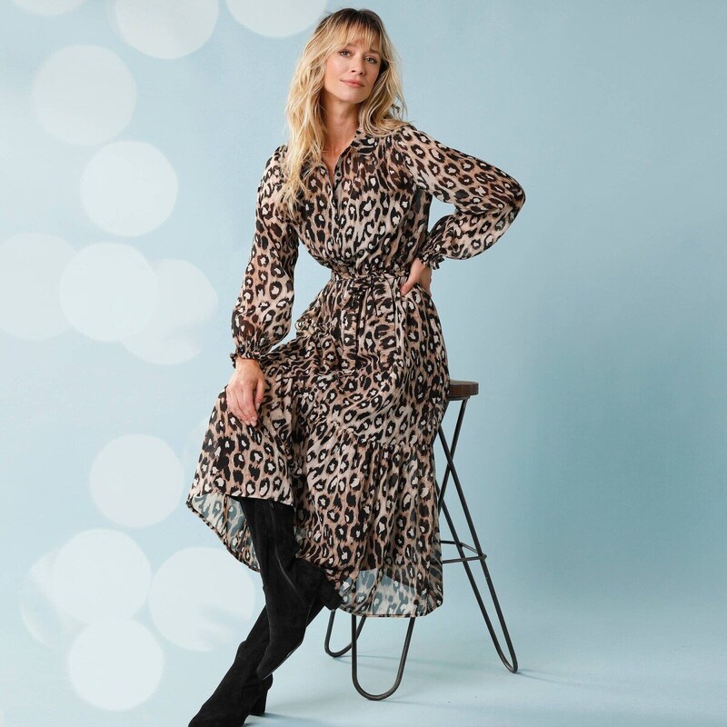 Dlhé šaty so zvieracou kresbou pre nižšiu postavu hnedosivá/čierna 044 65543198