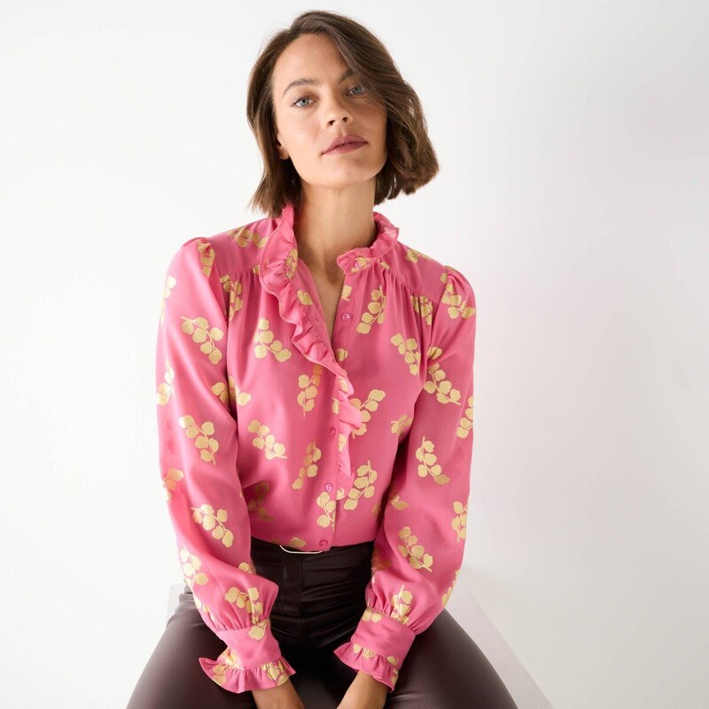 Blúzka s volánikmi a zlatou potlačou ružová 054 Blancheporte 65543205