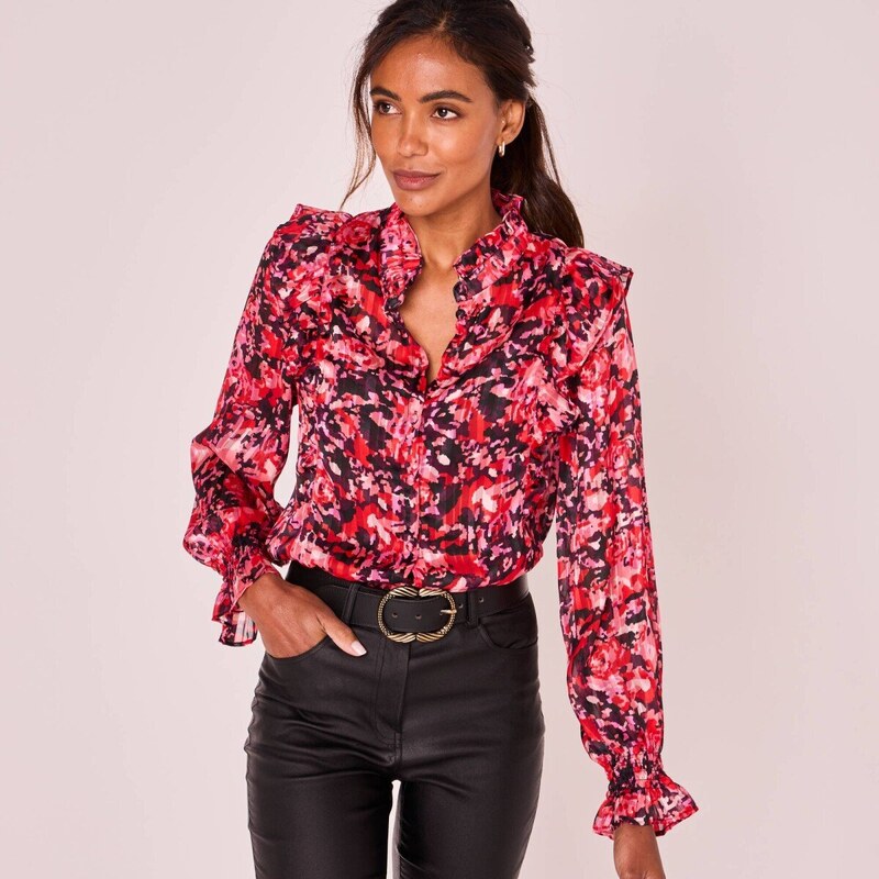 Voálová blúzka s potlačou avolánikmi slivková/červená 038 Blancheporte 65543212