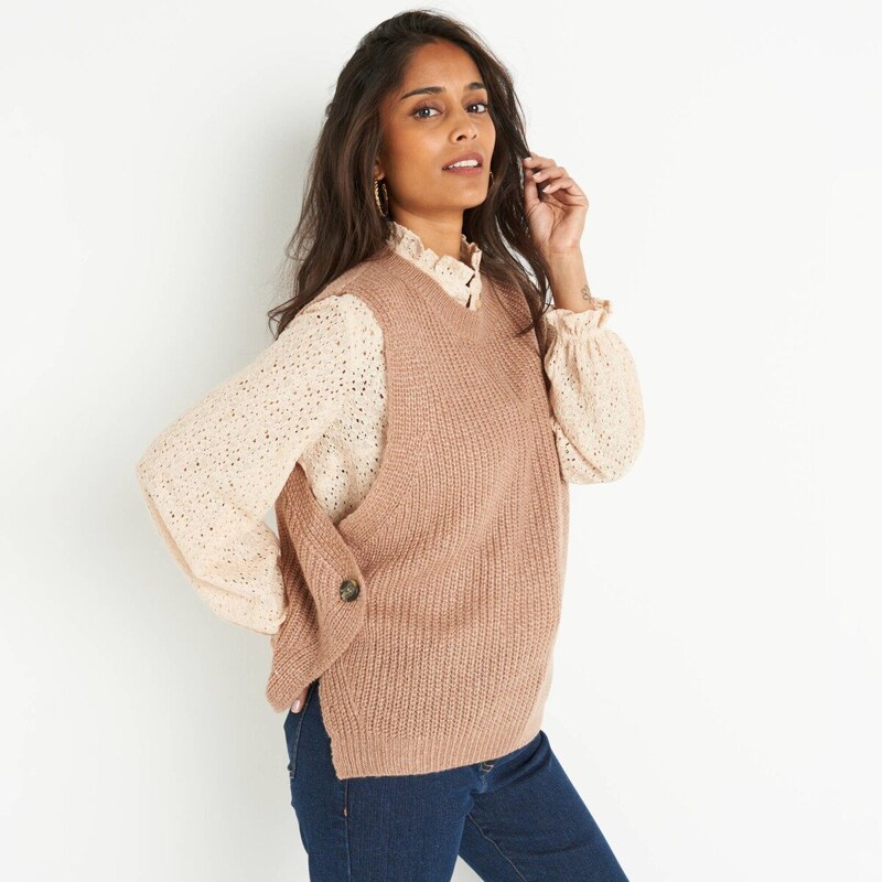 Vesta so zapínaním na gombík hnedosivý melír 052 Blancheporte 65543234