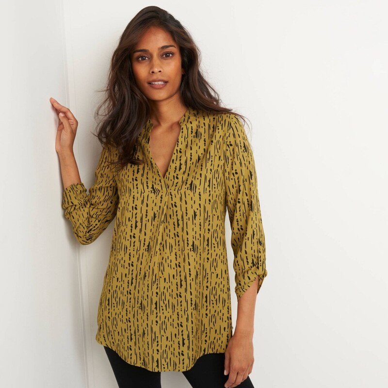 Dlhá krepová blúzka s grafickou potlačou olivová/čierna 054 65543245