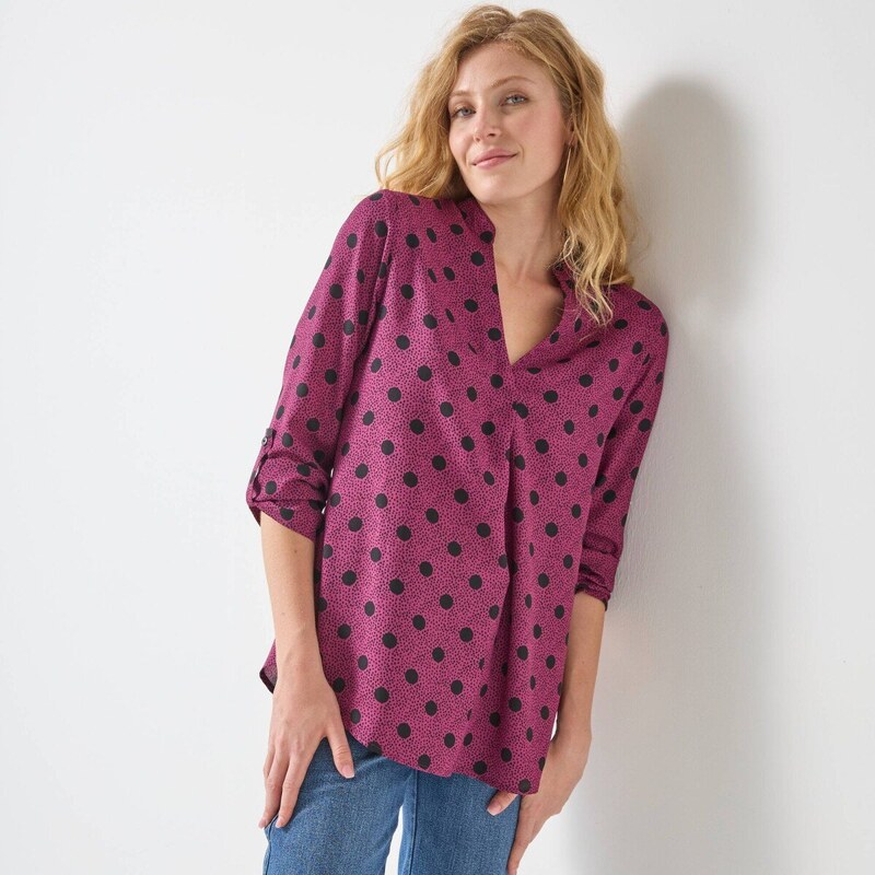 Dlhá krepová blúzka s bodkovanou potlačou purpurová/čierna 058 65543248