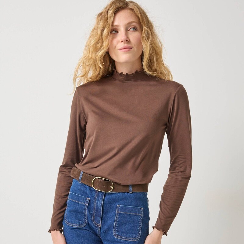 Jednofarebné tričko so stojačikom a zvlneným zakončením čokoládová 052 65543266