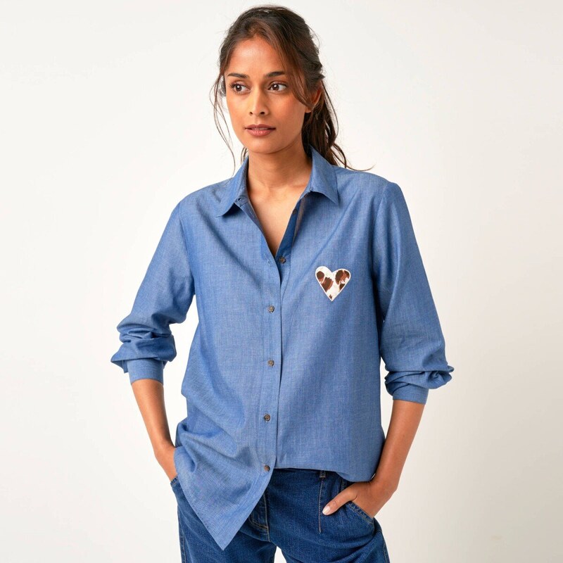 Košeľová šambré blúzka s výšivkou srdca modrá 046 Blancheporte 65543269