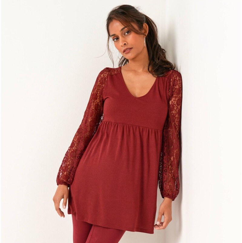 Tunika s dlhými čipkovými rukávmi bordó 058 Blancheporte 65543271