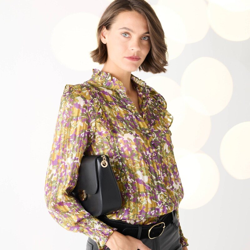 Voálová blúzka s potlačou a volánikmi bronzová/fialová 046 65543275