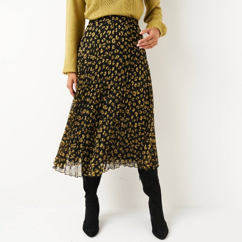 Plisovaná midi sukňa s leoparďou potlačou čierna/olivová 054 65543288