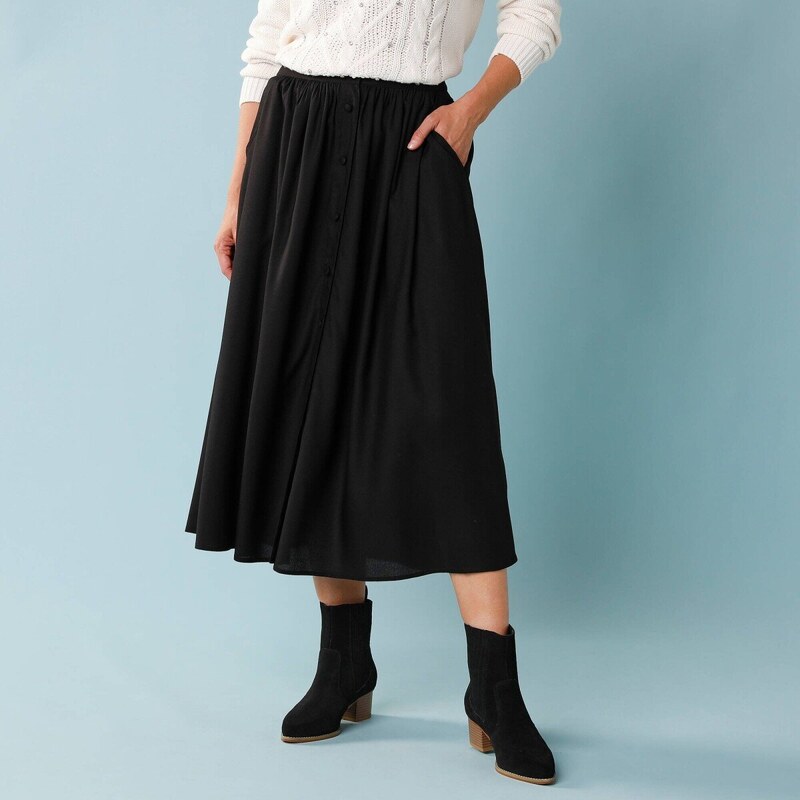 Midi sukňa na gombíky pre nižšiu postavu čierna 046 Blancheporte 65543293