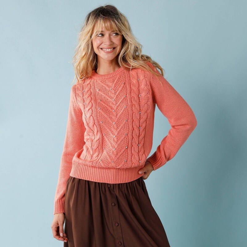 Pulóver s vrkočovým vzorom aštrasom pre nižšiu postavu broskyňová 044 65543180