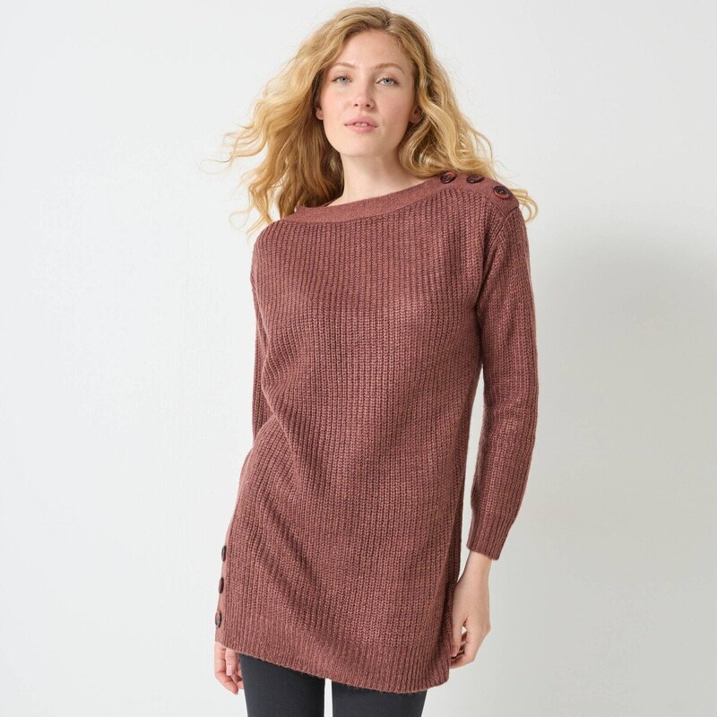 Dlhý pulóver s gombíkmi na bokoch čokoládová 040 Blancheporte 65543237