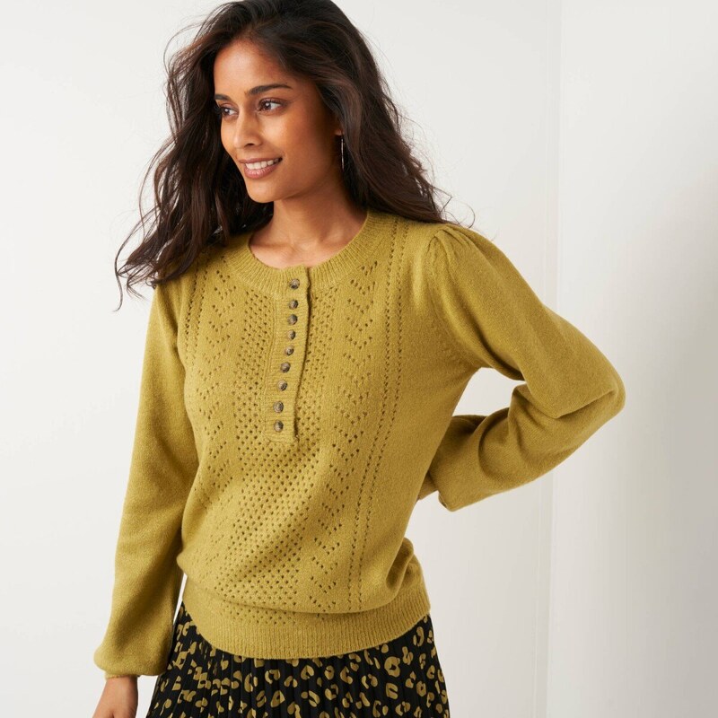 Pulóver s ažúrom a tuniským výstrihom na gombíky olivová 054 65543247