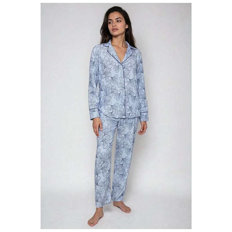 Triumph Klasické dámske pyžamo Boyfriend Fit modré s listami 64600235