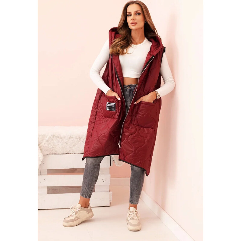 Kesi Vínová dámska oversize prešívaná vesta s kapucňou na zips 65558231