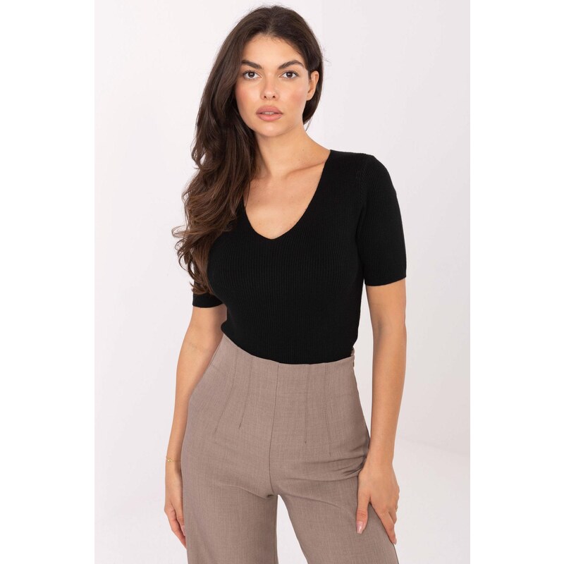 MladaModa Vrúbkovaný sveter s krátkym rukávom model 62763 čierny 65578858