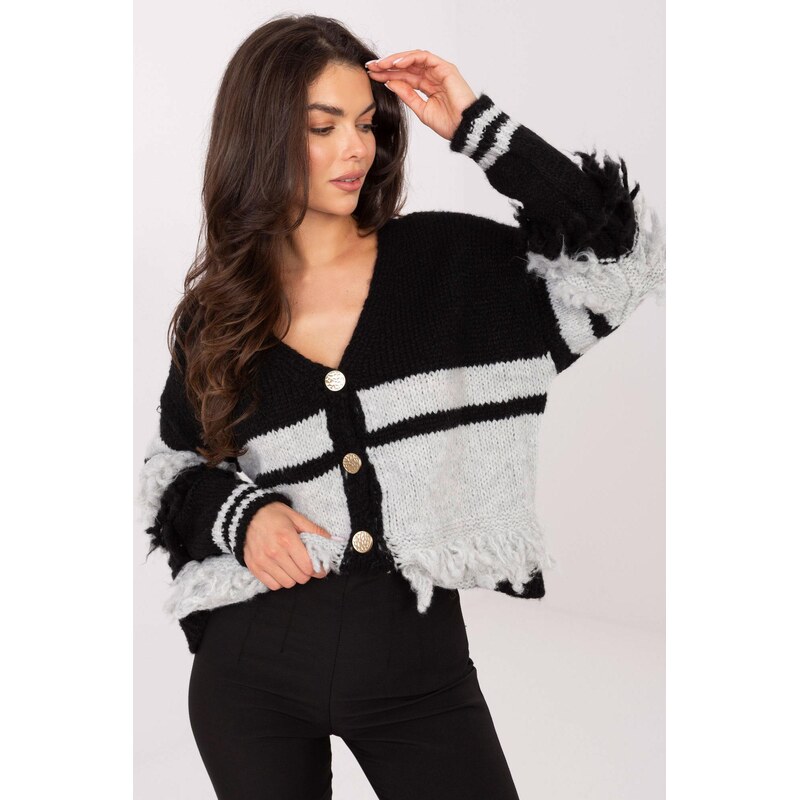 MladaModa Dvojfarebný sveter so strapcami a zapínaním na gombíky model 65578876