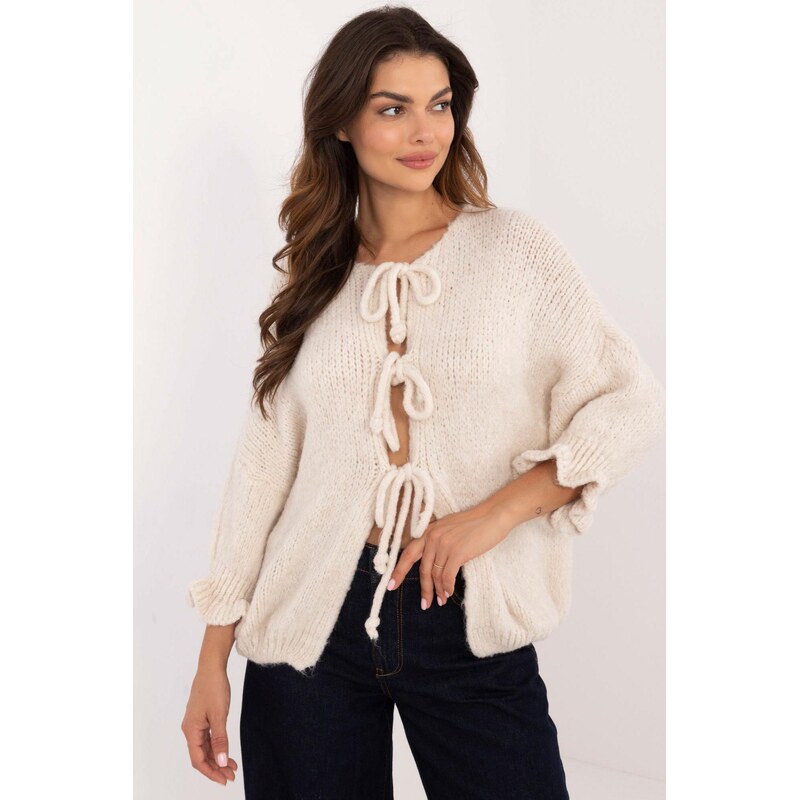 MladaModa Sveter s trojštvrťovým rukávom a viazaním model 91191 svetlý 65578895